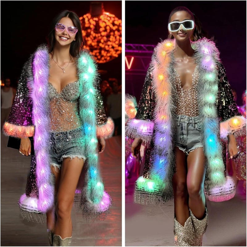 Wuwdysa LED Light up Sequin Coat for Women Flash Sparkly Jacket Rave Costume Music Festival Outfits Parties Halloween Holiday - Image 1
